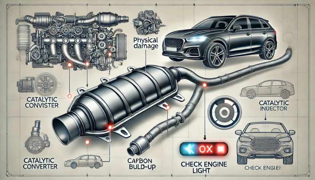 Diagram of a car’s exhaust system highlighting a catalytic converter that is going bad, with signs like physical damage, carbon build-up, and a check engine light.