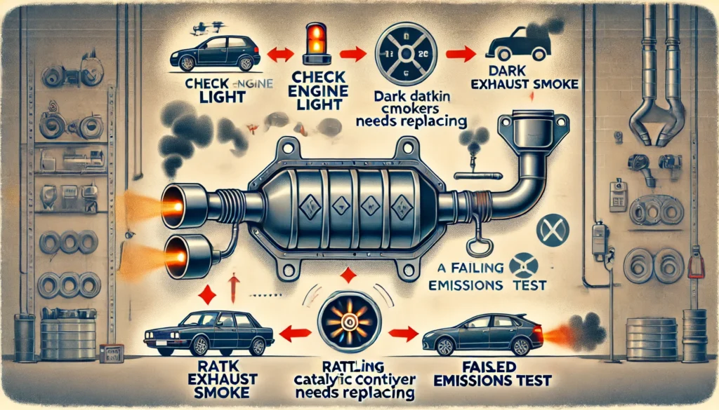 Illustration showing signs that a catalytic converter needs replacing, including check engine light, dark exhaust smoke, unusual noises, and a failed emissions test.