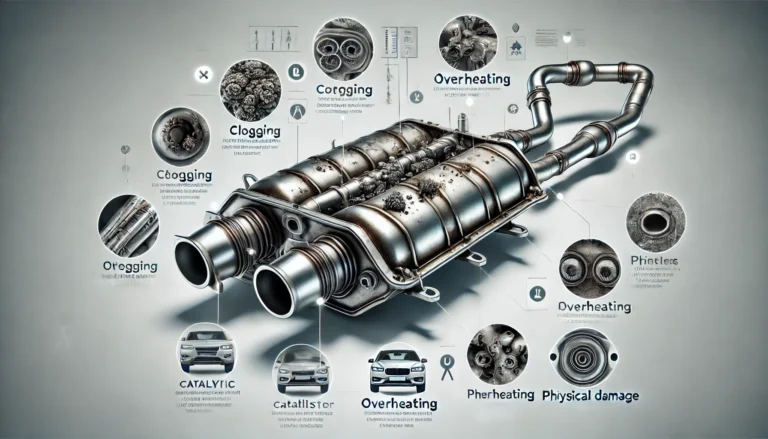 Diagram of a car exhaust system highlighting a bad catalytic converter with signs like clogging and damage.