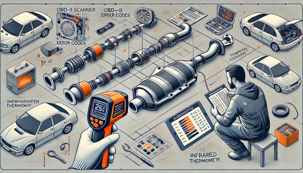 Illustration of the steps to check a bad catalytic converter, including using an OBD-II scanner, performing a temperature test, and visually inspecting the converter.