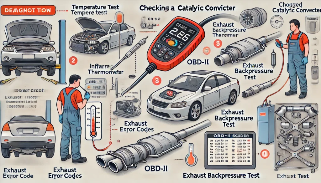 Illustration of checking a clogged catalytic converter, including temperature testing, using an OBD-II scanner, and performing an exhaust backpressure test.