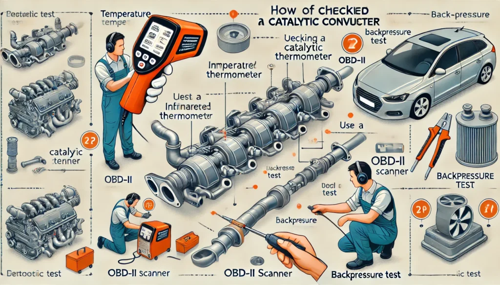 Illustration of checking if a catalytic converter is clogged, featuring a temperature test, OBD-II scanner, and backpressure test.
