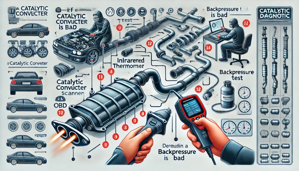 Illustration of diagnosing a bad catalytic converter, showing an OBD-II scanner, temperature testing, and backpressure testing.