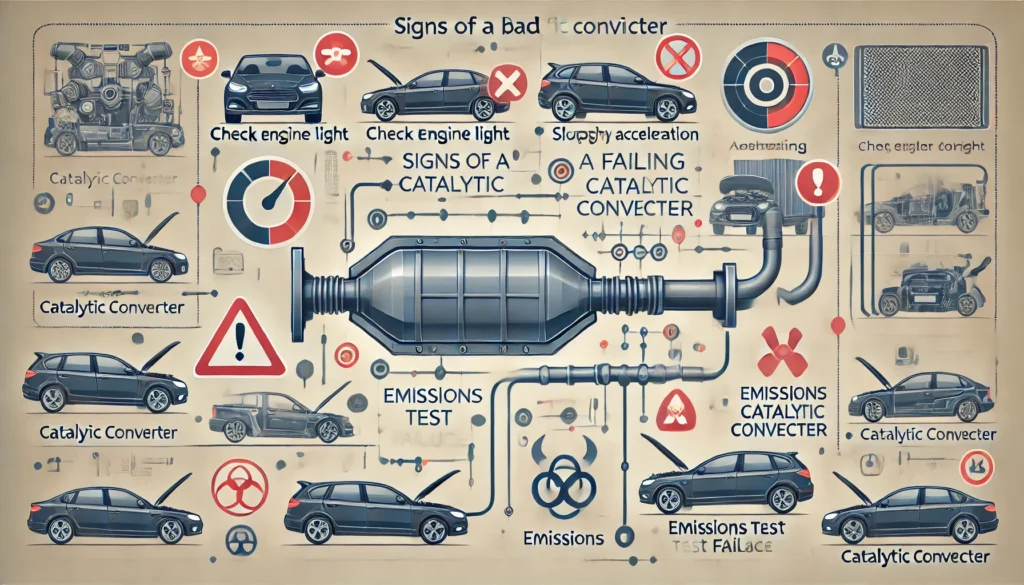 Illustration showing key signs of a bad catalytic converter, including check engine light, poor acceleration, rattling noise, and failed emissions test.