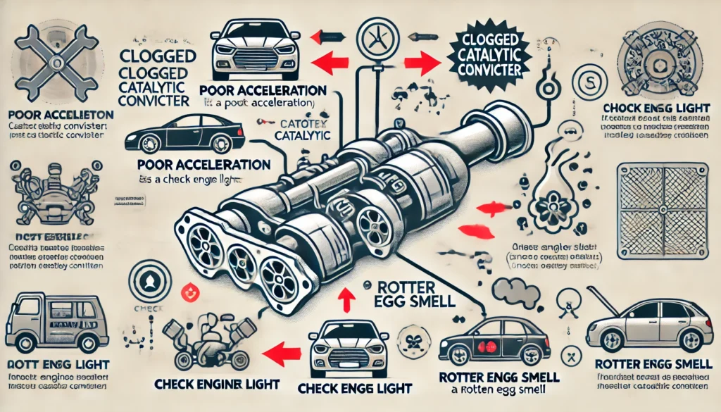 Illustration showing the symptoms of a clogged catalytic converter, including poor acceleration, check engine light, and rotten egg smell.