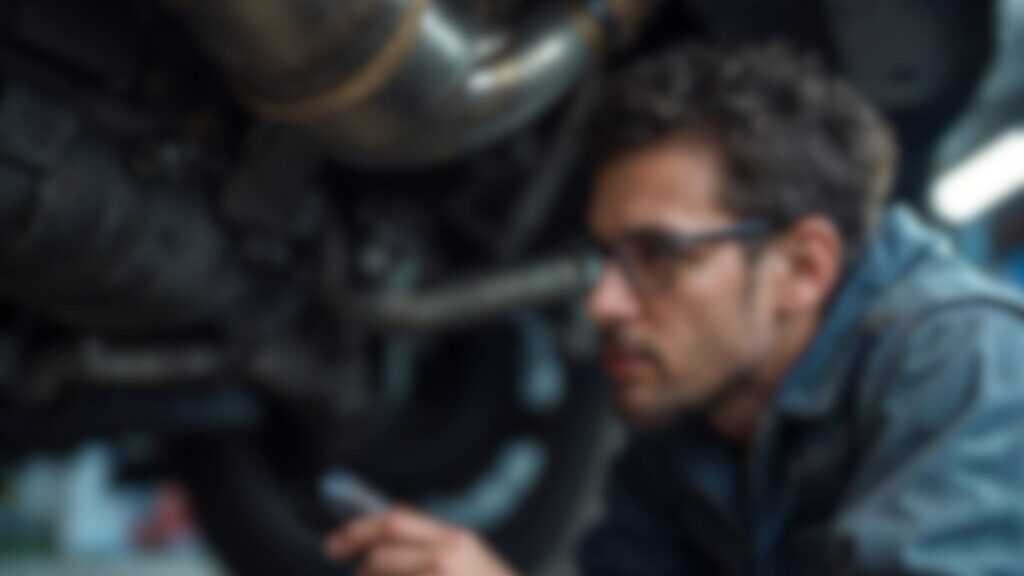 Mechanic inspecting a vehicle’s catalytic converter for issues.
