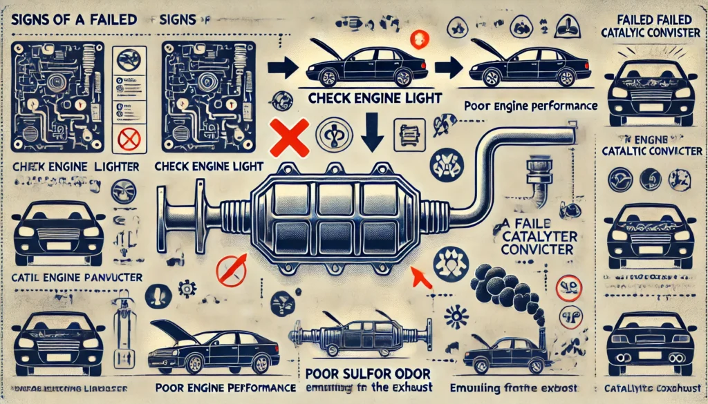 Illustration showing the signs of a failed catalytic converter, including a check engine light, poor engine performance, and sulfur-like exhaust odor.