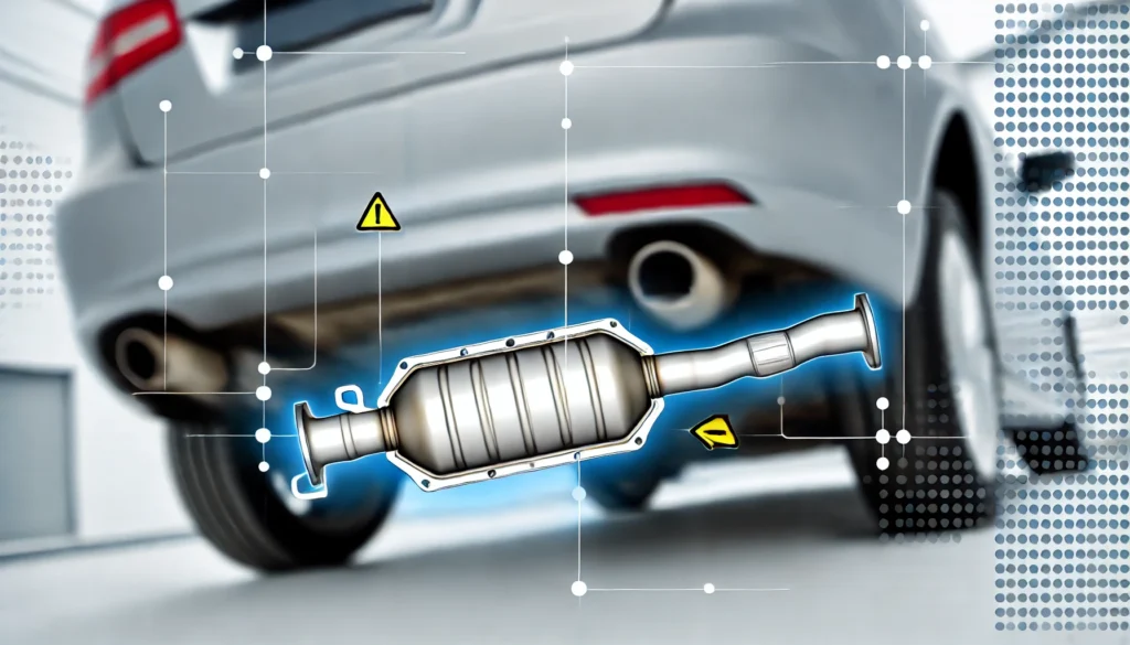 Illustration of a car’s exhaust system focusing on a damaged catalytic converter with highlighted areas showing clogging and overheating.