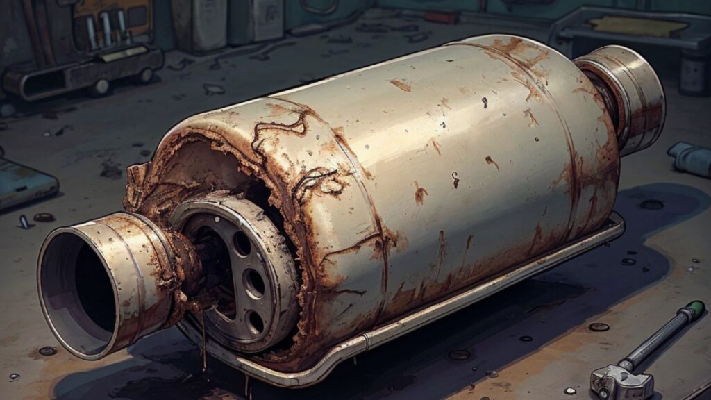 Illustration of a damaged catalytic converter showing signs of contamination, overheating, and physical damage.