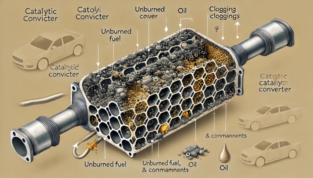 Cross-sectional illustration of a clogged catalytic converter showing buildup from unburned fuel, oil, and contaminants.