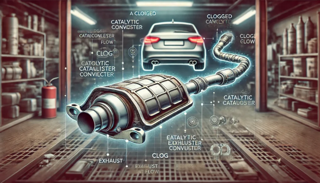 Diagram of a car’s exhaust system highlighting a clogged catalytic converter and its impact on performance.