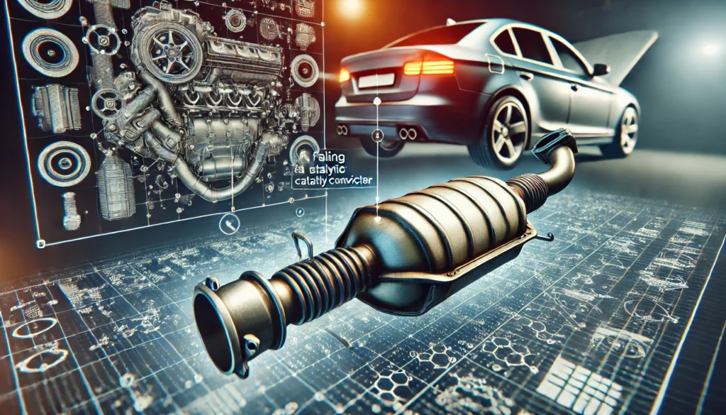 Diagram of a car’s exhaust system highlighting the effects of a bad catalytic converter on engine performance and emissions.
