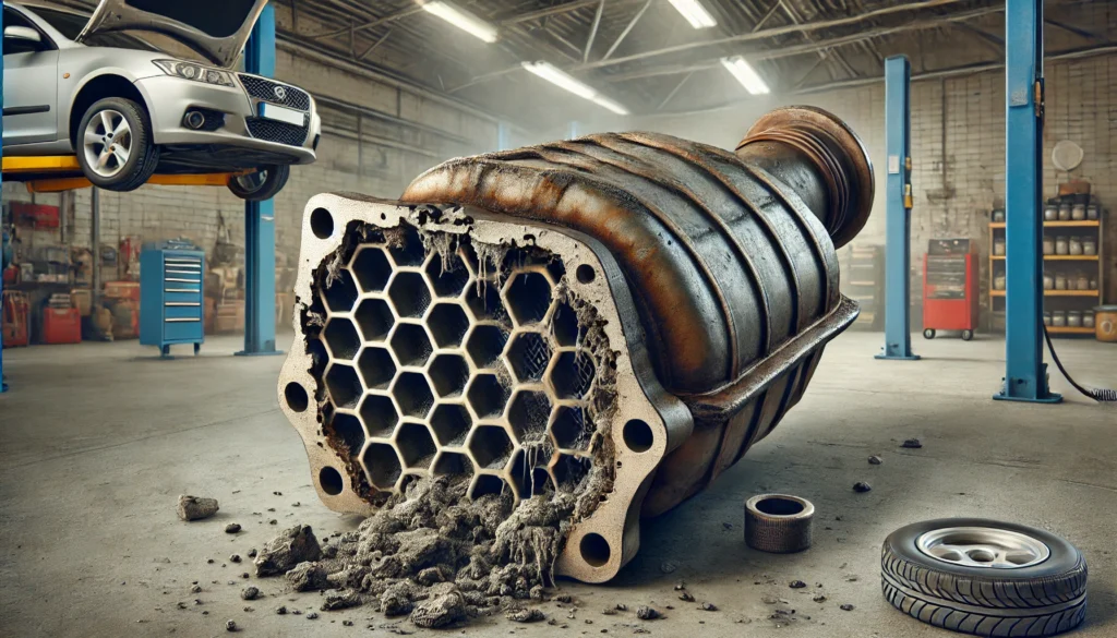 Visual representation of a bad catalytic converter showing damage, soot buildup, and a collapsed honeycomb structure.