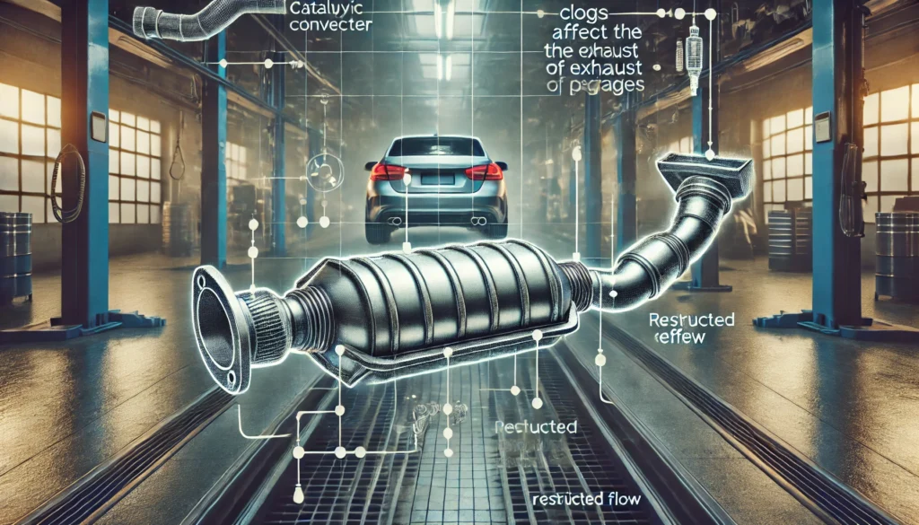 Diagram of a car’s exhaust system highlighting a clogged catalytic converter and its impact on engine performance.