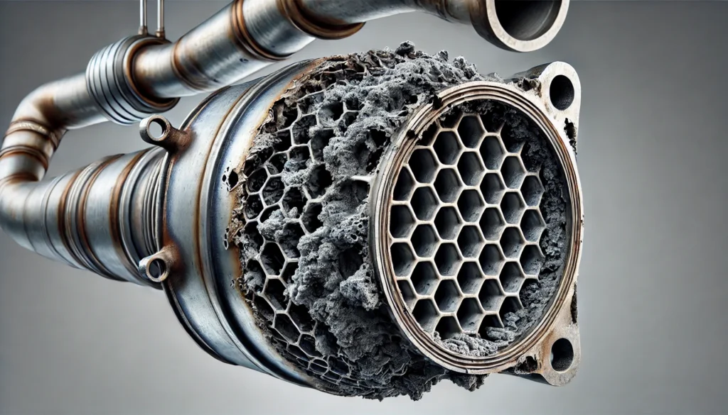 Bad Cadillac converter showing visible carbon buildup and internal damage in the exhaust system.