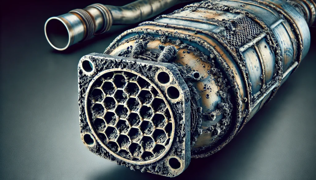 Bad catalytic converter with visible carbon buildup and internal damage in the vehicle's exhaust system.
