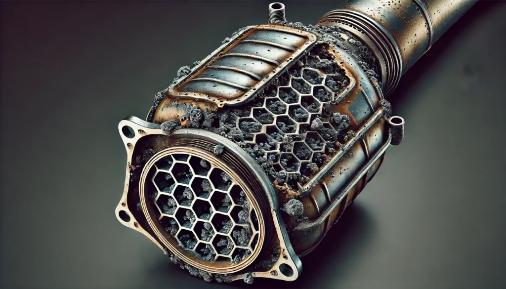 Bad catalytic converter showing visible carbon buildup and internal damage in the vehicle's exhaust system.