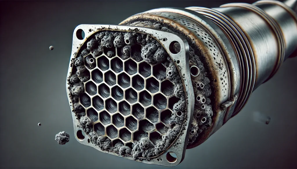 Clogged catalytic converter with visible carbon buildup blocking the flow of exhaust gases in a vehicle's exhaust system.