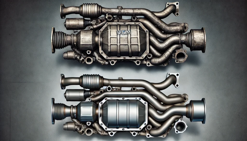 Comparison between OEM and aftermarket catalytic converters in a vehicle’s exhaust system, showing differences in materials and fitment.