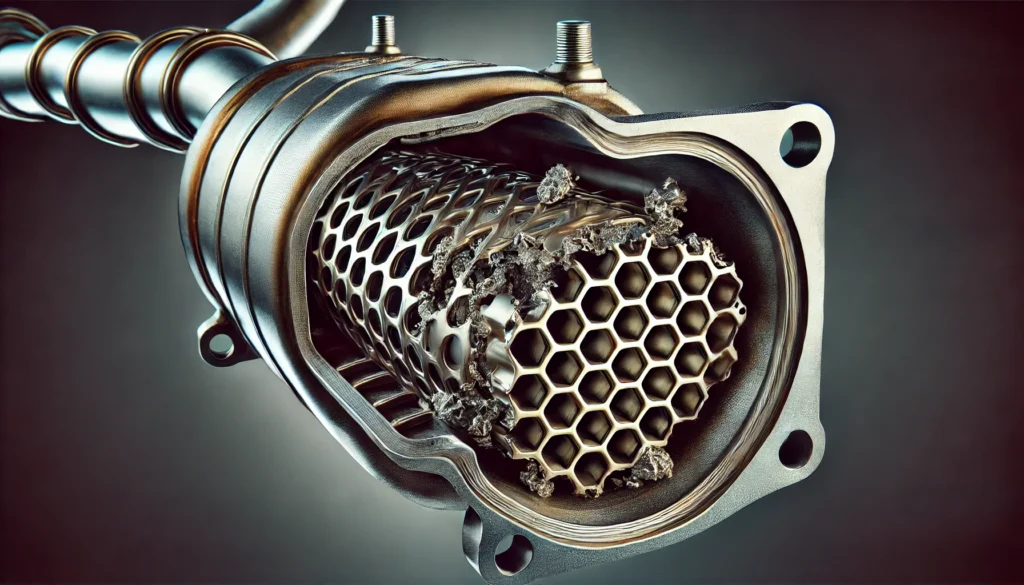 Damaged catalytic converter in a vehicle's exhaust system, causing rattling noise due to broken internal components.