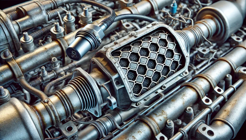 Diagram of a vehicle’s exhaust system, showing the locations of the O2 sensor and catalytic converter with indicators of potential damage.