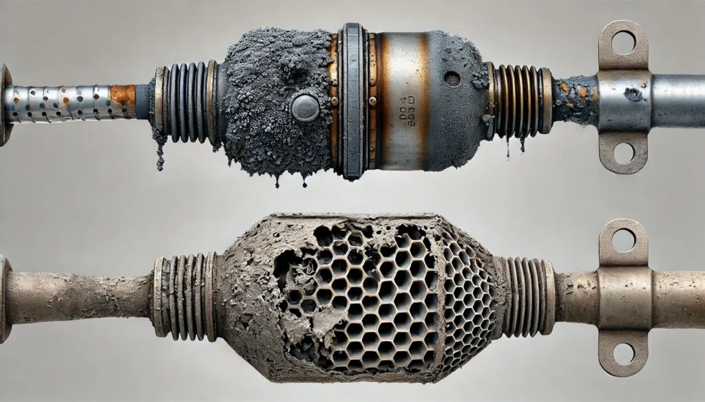 Comparison between a faulty oxygen sensor covered in soot and a damaged catalytic converter with visible cracks.