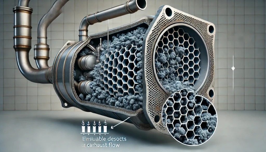 Cross-section of a blocked catalytic converter showing carbon buildup and restricted exhaust flow.