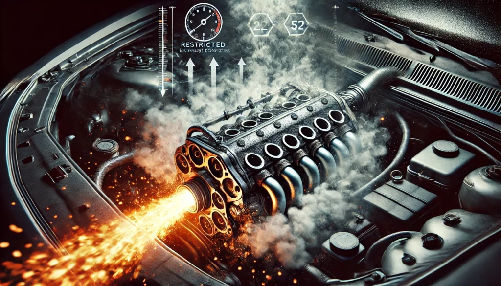 Car engine overheating due to a clogged catalytic converter, with restricted exhaust flow causing excessive heat.