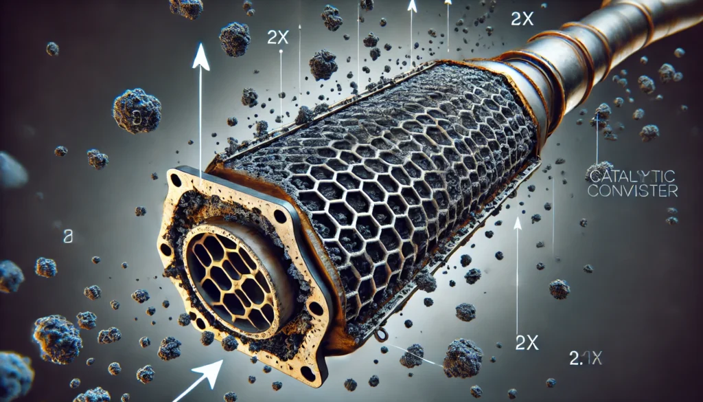 Clogged catalytic converter with internal damage, leading to restricted exhaust flow and engine performance problems.