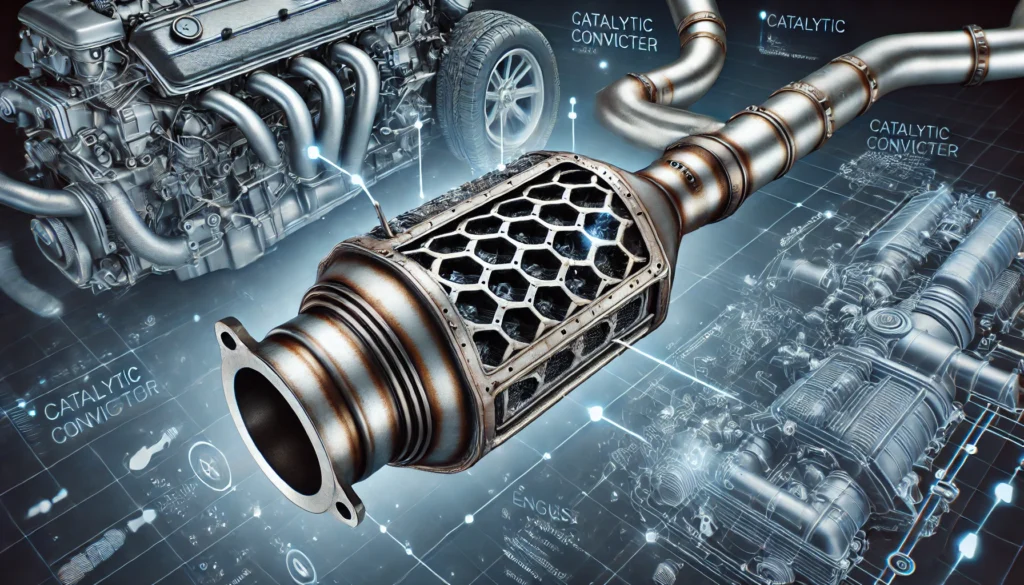 Exhaust system with a damaged catalytic converter affecting engine and transmission performance.