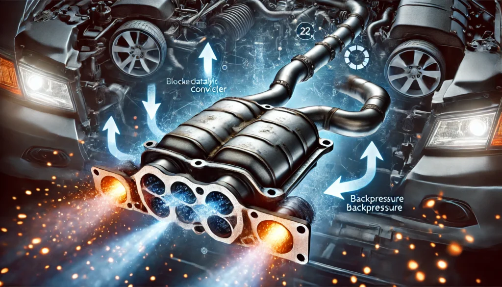 Blocked catalytic converter causing backpressure and affecting engine performance.