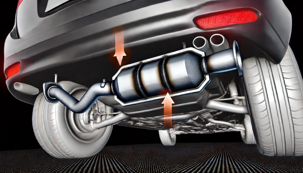 Car’s exhaust system with a bad catalytic converter causing engine and exhaust flow issues.