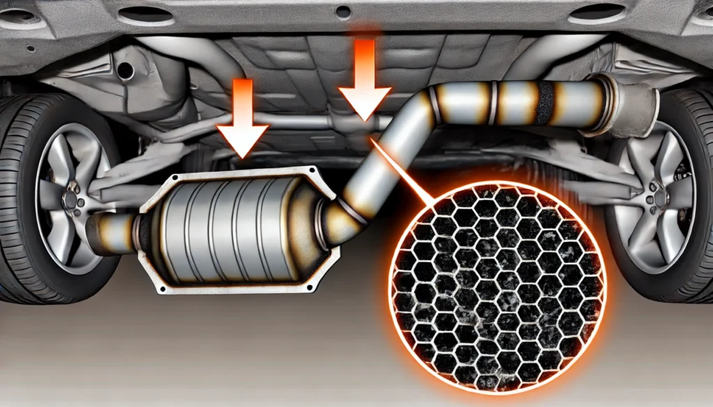Vehicle’s exhaust system with a clogged catalytic converter causing restricted exhaust flow.