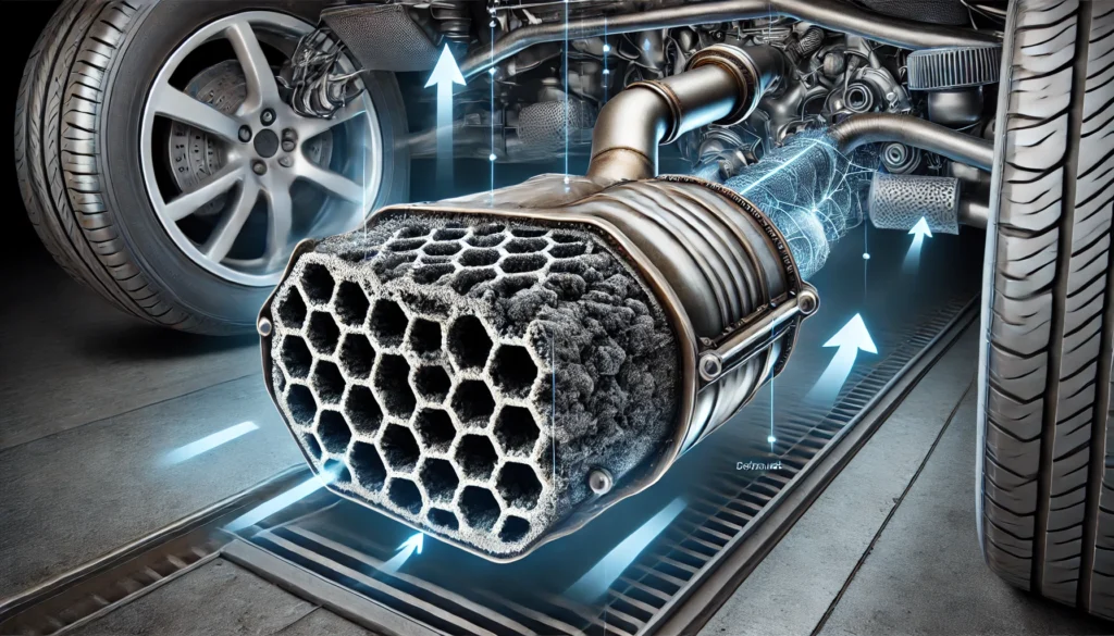 Illustration of a clogged catalytic converter showing carbon buildup inside the vehicle’s exhaust system.