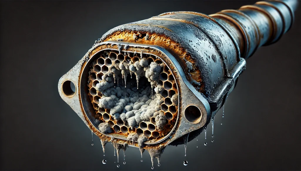 Rusty catalytic converter with moisture buildup, caused by prolonged vehicle inactivity.