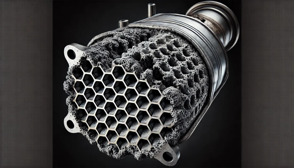 Damaged catalytic converter with visible clogging and wear, showing the honeycomb structure inside.