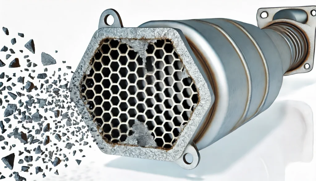 Damaged catalytic converter with internal honeycomb structure causing rattling and hissing noises.