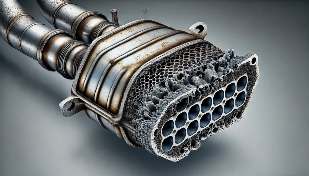 Comparison of a functioning catalytic converter and a damaged one in a car's exhaust system.
