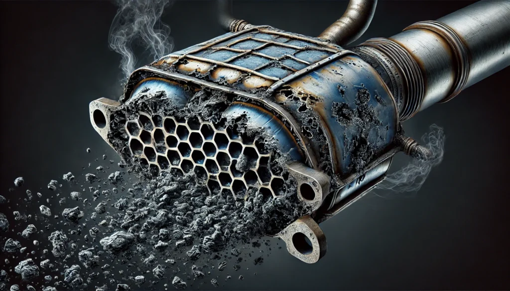 Car's catalytic converter showing signs of failure, with cracks and carbon buildup in the exhaust system.