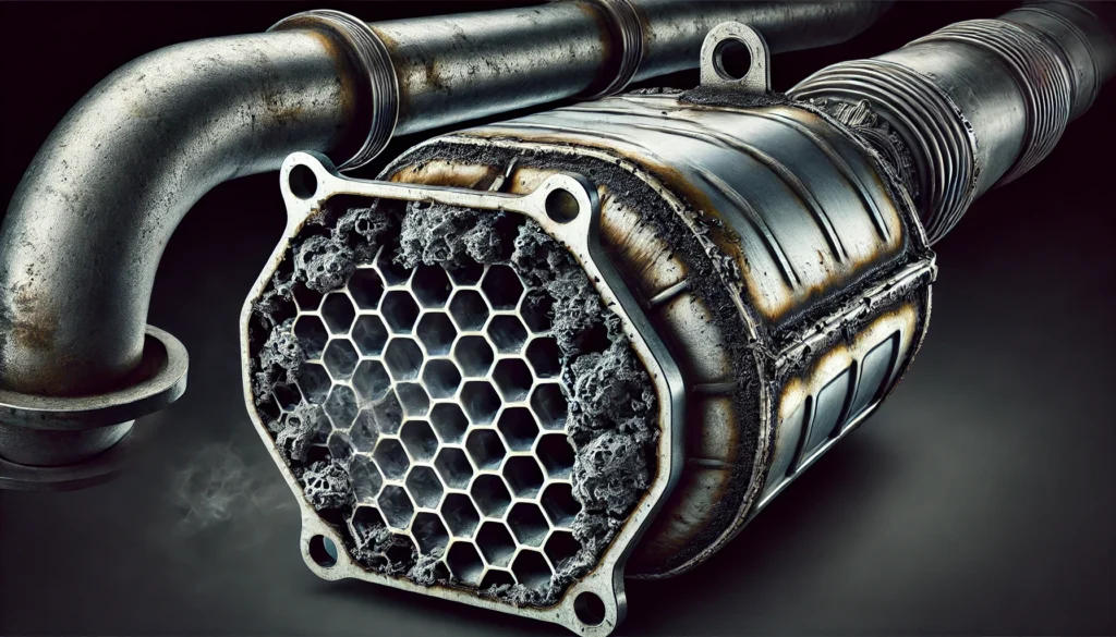 Car's catalytic converter showing signs of damage and carbon buildup in the exhaust system.