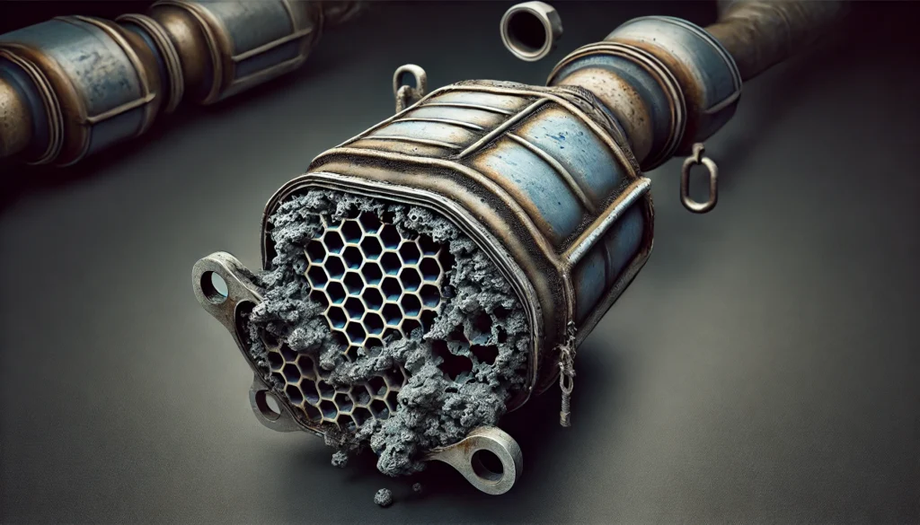 Failed catalytic converter with visible internal damage and carbon buildup in a vehicle’s exhaust system.